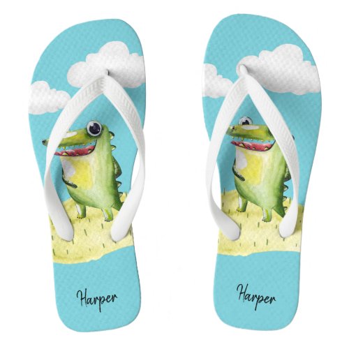 Cool Watercolor Gator Illustration with Your Name Flip Flops