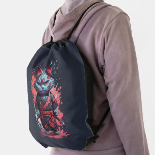 Cool Watercolor Gray Ninja Cat Warrior Drawstring Bag
