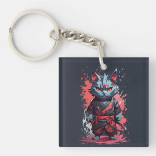 Cool Watercolor Gray Ninja Cat Warrior Keychain