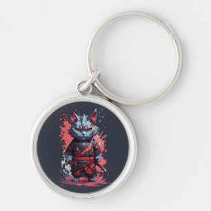 Cool Watercolor Gray Ninja Cat Warrior Keychain