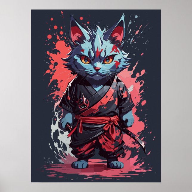 Cool Watercolor Gray Ninja Cat Warrior Poster (Front)