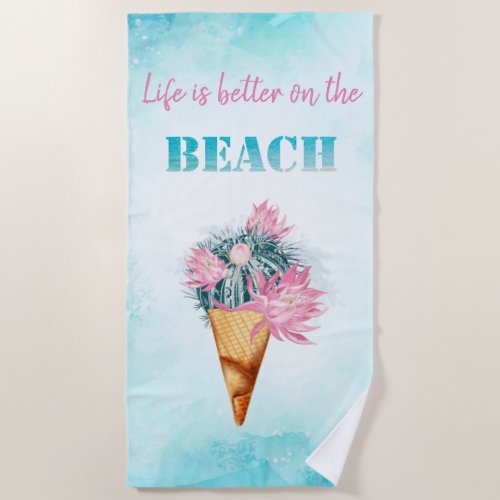 Cool Watercolor Ice cream Cactus Beach Towel