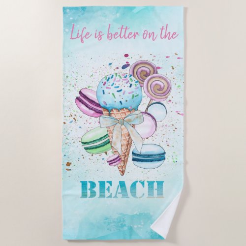 Cool Watercolor Ice cream  Macaroons Beach Towel