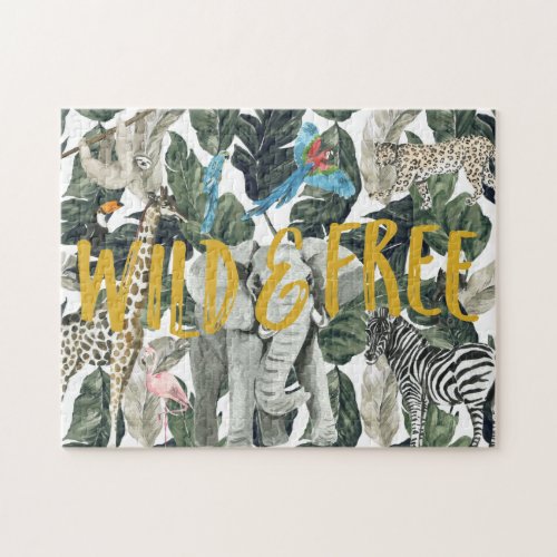 Cool Watercolor Jungle Animals  Tropical Monstera Jigsaw Puzzle