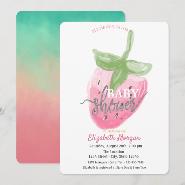 Cool Watercolor Strawberry Baby Shower  Invitation (Front/Back)