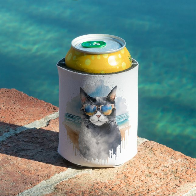 Cool Watercolor Summer Tuxedo Cat Can Cooler (In Situ Pool)