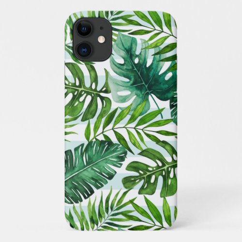 Cool Watercolor Tropical Green Leaves iPhone 11 Case