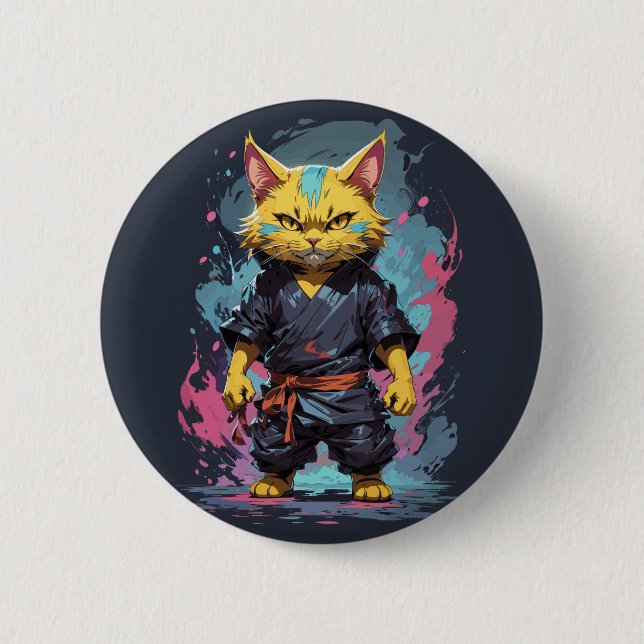 Cool Watercolor Yellow Ninja Cat Warrior Button (Front)