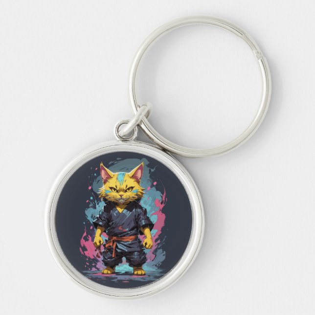 Cool Watercolor Yellow Ninja Cat Warrior Keychain (Front)