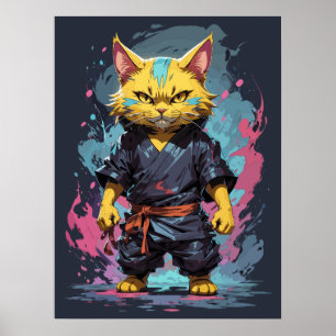 Cool Watercolor Yellow Ninja Cat Warrior Poster