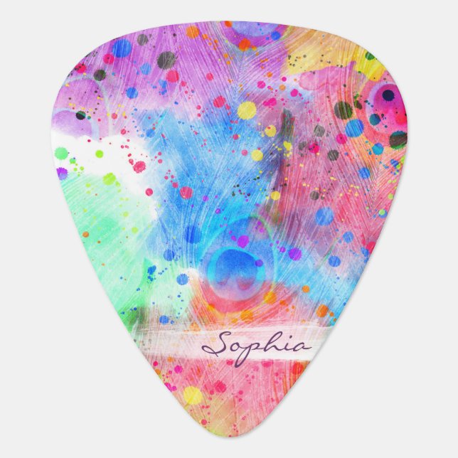 Cool watercolors peacock feathers abstract pattern guitar pick (Front)
