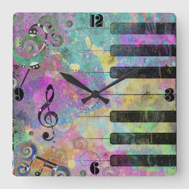 Cool Watercolors Splatters Colorful Piano Square Wall Clock (Front)