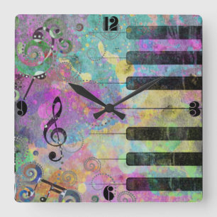 Cool Watercolors Splatters Colorful Piano Square Wall Clock