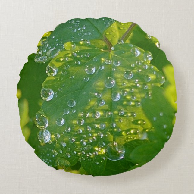 Cool Waterdrops On Green Leaf Round Pillow (Front)
