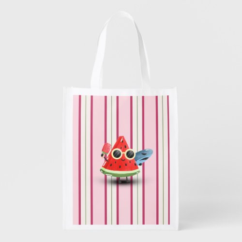 Cool Watermelon Character Stripe Summer Art Grocery Bag