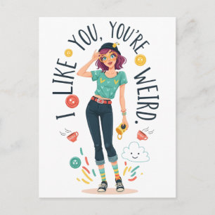 Cool Weird Girl Illustration I Like You Quirky Postcard
