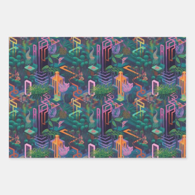 Cool Weird Surreal Lines Shapes Jungle Pattern Wrapping Paper Sheets (Front)