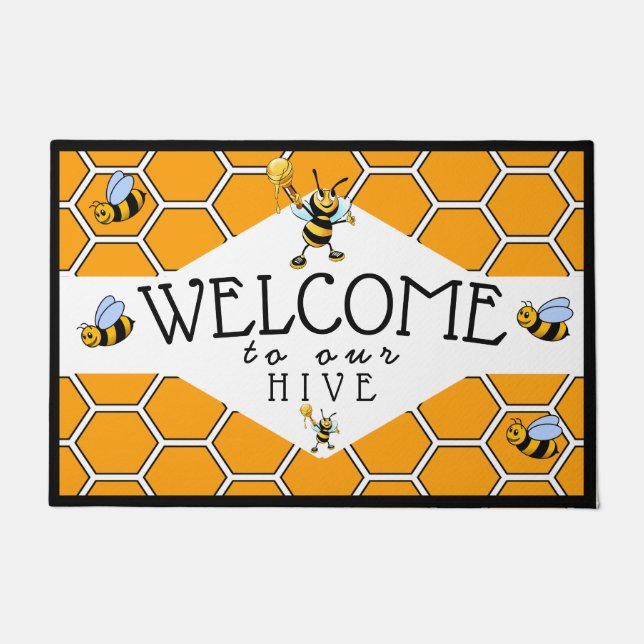 Cool Welcome To Our Bee Hive Doormat (Front)