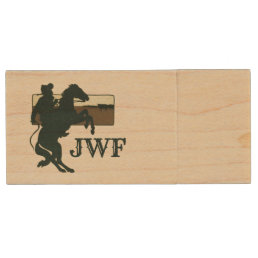 Cool Western Cowboy on a Horse with Monogram Wood Flash Drive