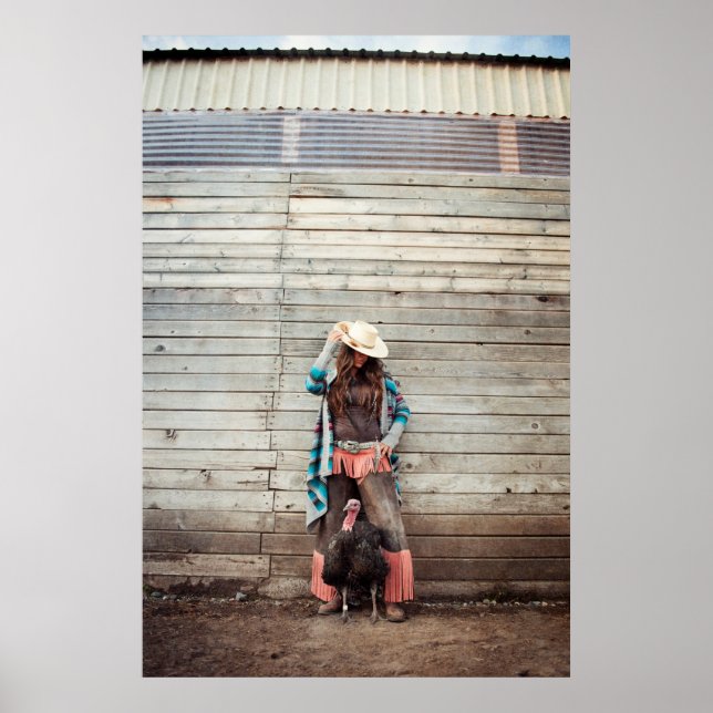 Cool Western Cowgirl With A Turkey Photography Poster (Front)