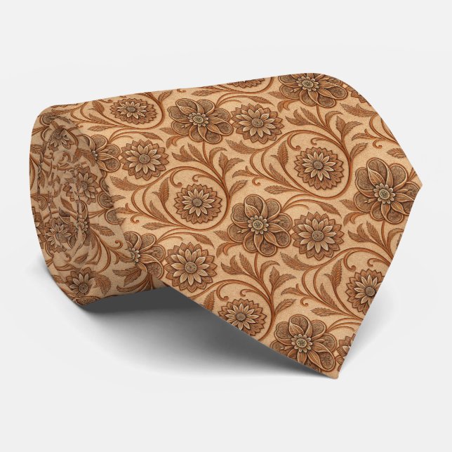 Cool Western tooled leather pattern  Neck Tie (Rolled)