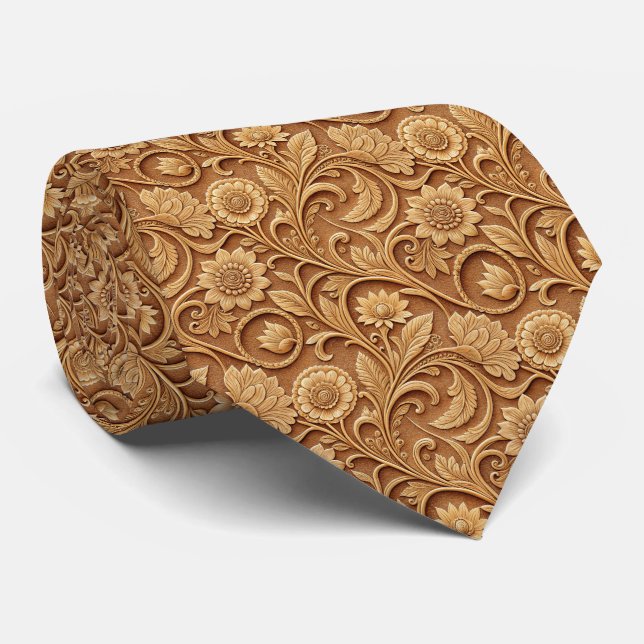 Cool Western tooled leather pattern  Neck Tie (Rolled)