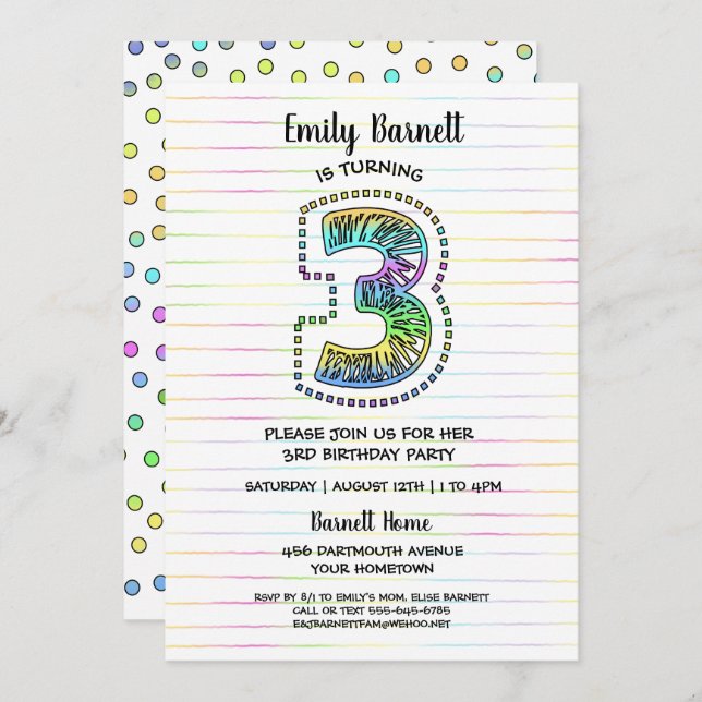 Cool Whimsical Fun 3rd Birthday Party Invitation (Front/Back)