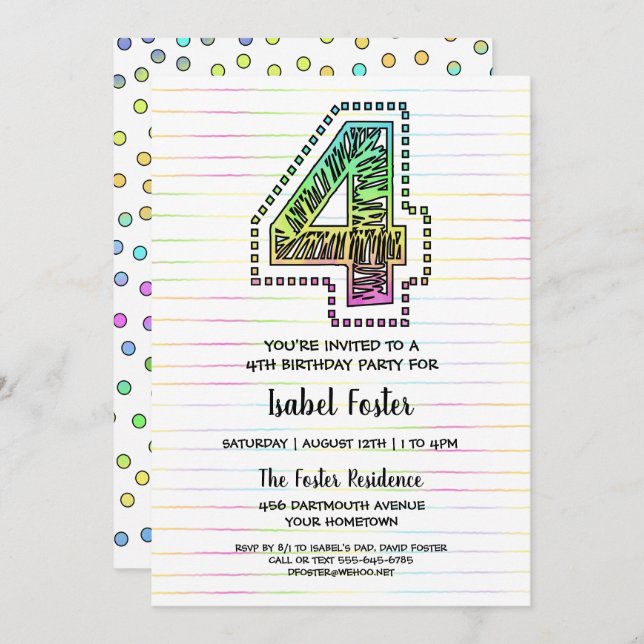Cool Whimsical Fun 4th Birthday Party Invitation (Front/Back)
