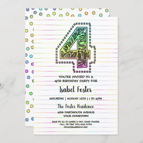 Cool Whimsical Fun 4th Birthday Party Invitation