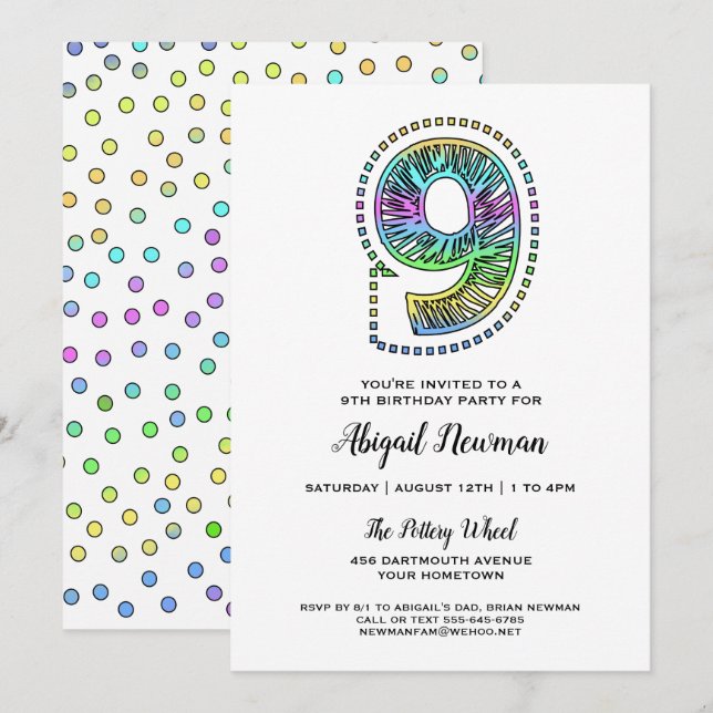 Cool Whimsical Fun 9th Birthday Party Invitation (Front/Back)