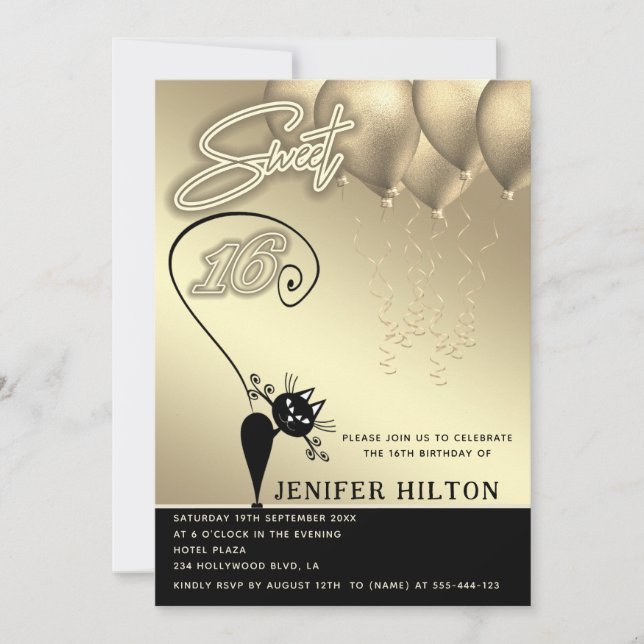 Cool whimsy cat black gold balloon sweet 16 invitation (Front)
