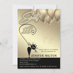 Cool whimsy cat black gold balloon sweet 16 invitation