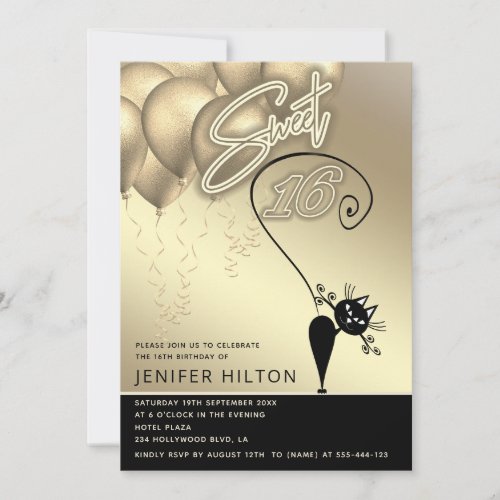 Cool whimsy cat black gold balloon sweet 16 invitation