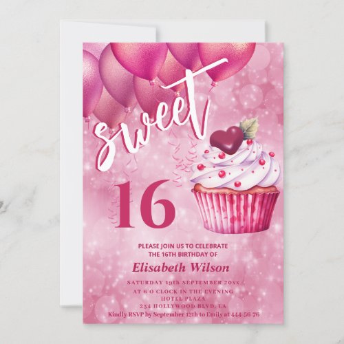 Cool whimsy Girly pink balloon cupcake     Invitation
