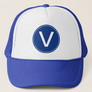 cool white and royal blue monogram initial hat. trucker hat