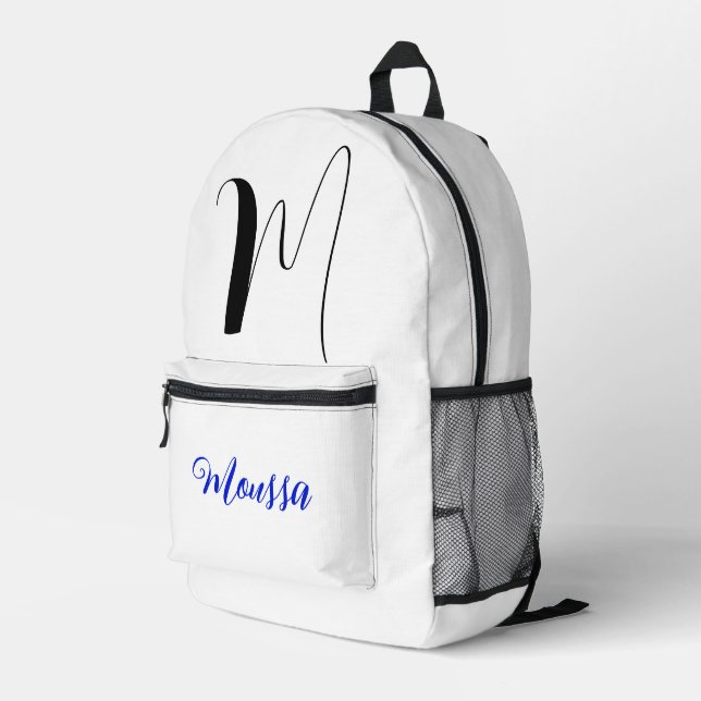 Cool White Color - Initial Letter Name Monogram Printed Backpack (Back Corner Right)