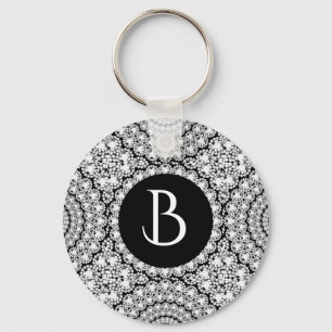 Cool White Diamonds Circles Pattern Monogram Keychain