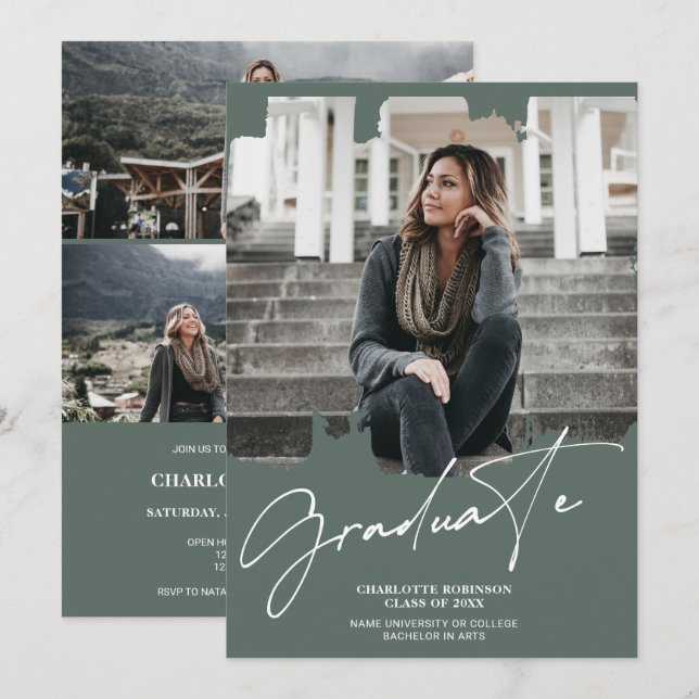 Cool white green graduate script photo graduation invitation (Front/Back)