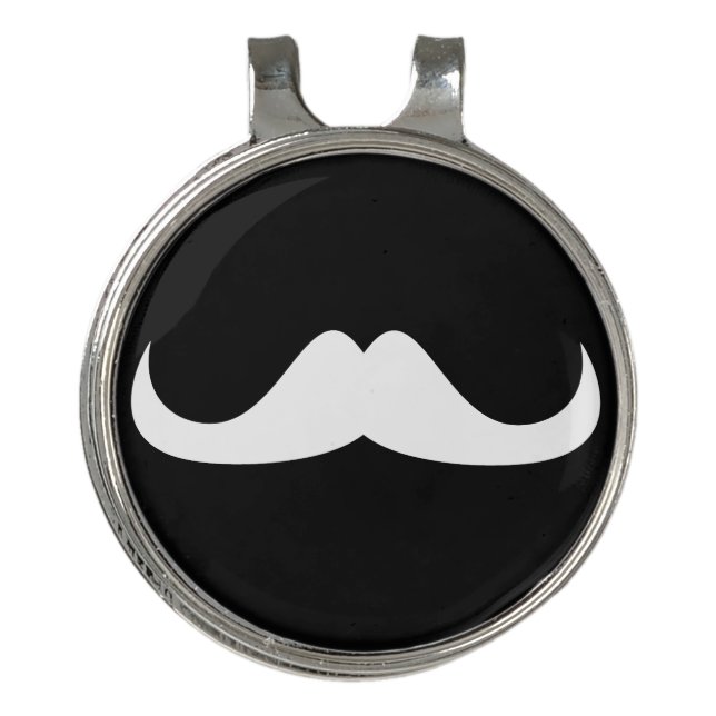 Cool White Handlebar moustache on Black Golf Hat Clip (Front)