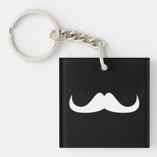 Cool White Handlebar moustache on Black Keychain (Front)