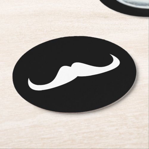 Cool White Handlebar moustache on Black Round Paper Coaster