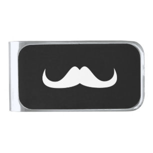 Cool White Handlebar moustache on Black Silver Finish Money Clip