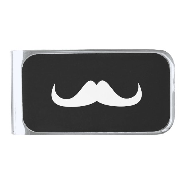 Cool White Handlebar moustache on Black Silver Finish Money Clip (Front)