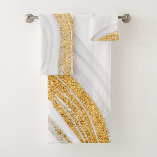 Cool White Marble Stone Gold Glitter Bath Towel Set (Insitu)