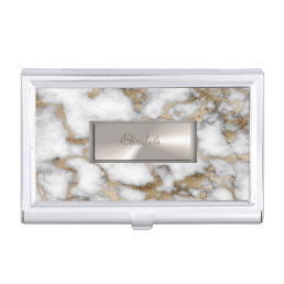 Cool White Marble Stone Gold Glitter Frame Business Card Case
