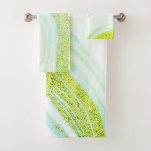 Cool White Marble Stone Green Glitter Bath Towel Set