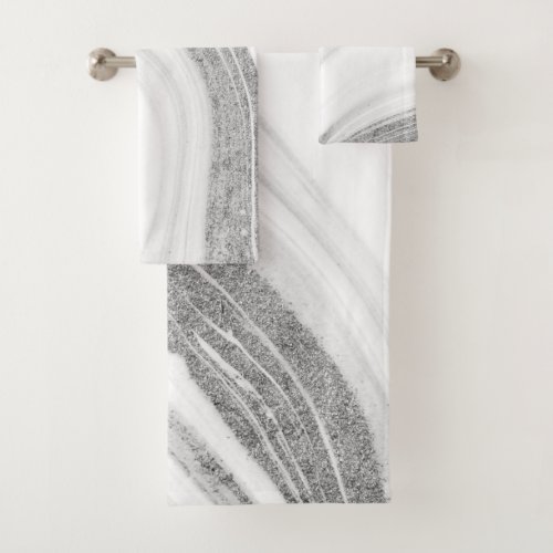 Cool White Marble Stone Silver Glitter Bath Towel Set