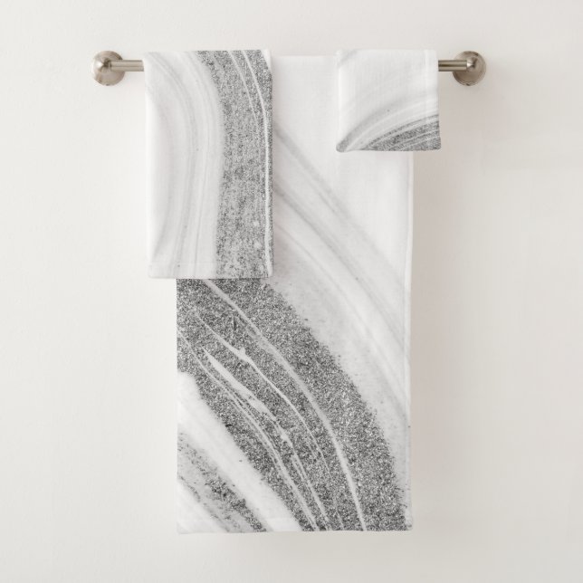 Cool White Marble Stone Silver Glitter Bath Towel Set (Insitu)