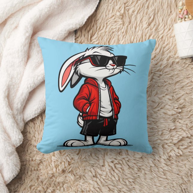 Cool White Rabbit in Red Jacket Throw Pillow (Blanket)