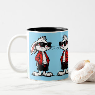 Cool White Rabbit in Red Jacket Two-Tone Coffee Mug